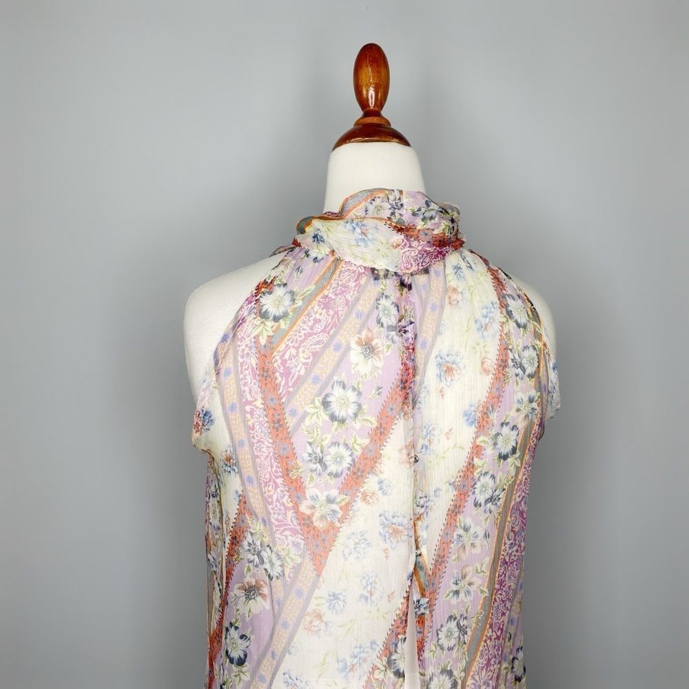 DREW Silk chiffon Multicolor Paisley Pussy Bow Tie Neck Snap Back Tank Size XS - Picture 8 of 10